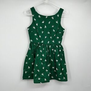 Cissy’s May Green Girls Dress M Holiday White Deers 100% Cotton Christmas